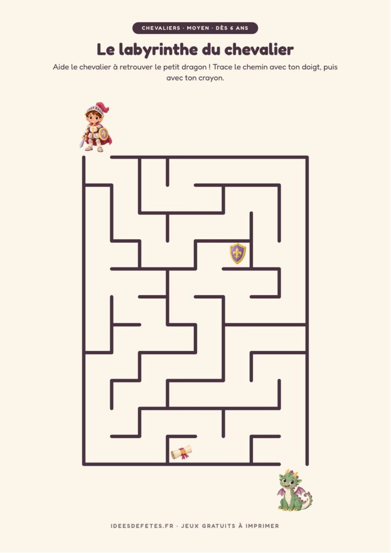 Labyrinthe chevalier à imprimer, niveau moyen dès 6 ans : le chevalier et le petit dragon