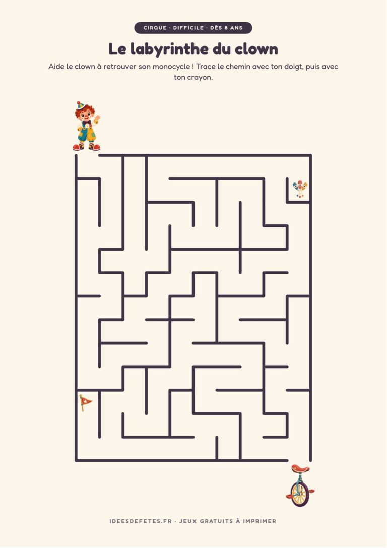 Labyrinthe cirque à imprimer, niveau difficile dès 8 ans : le clown et son monocycle