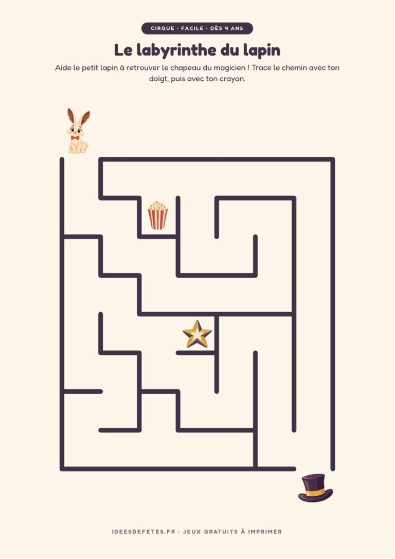 Labyrinthe cirque à imprimer, niveau facile dès 4 ans : le petit lapin et le chapeau du magicien