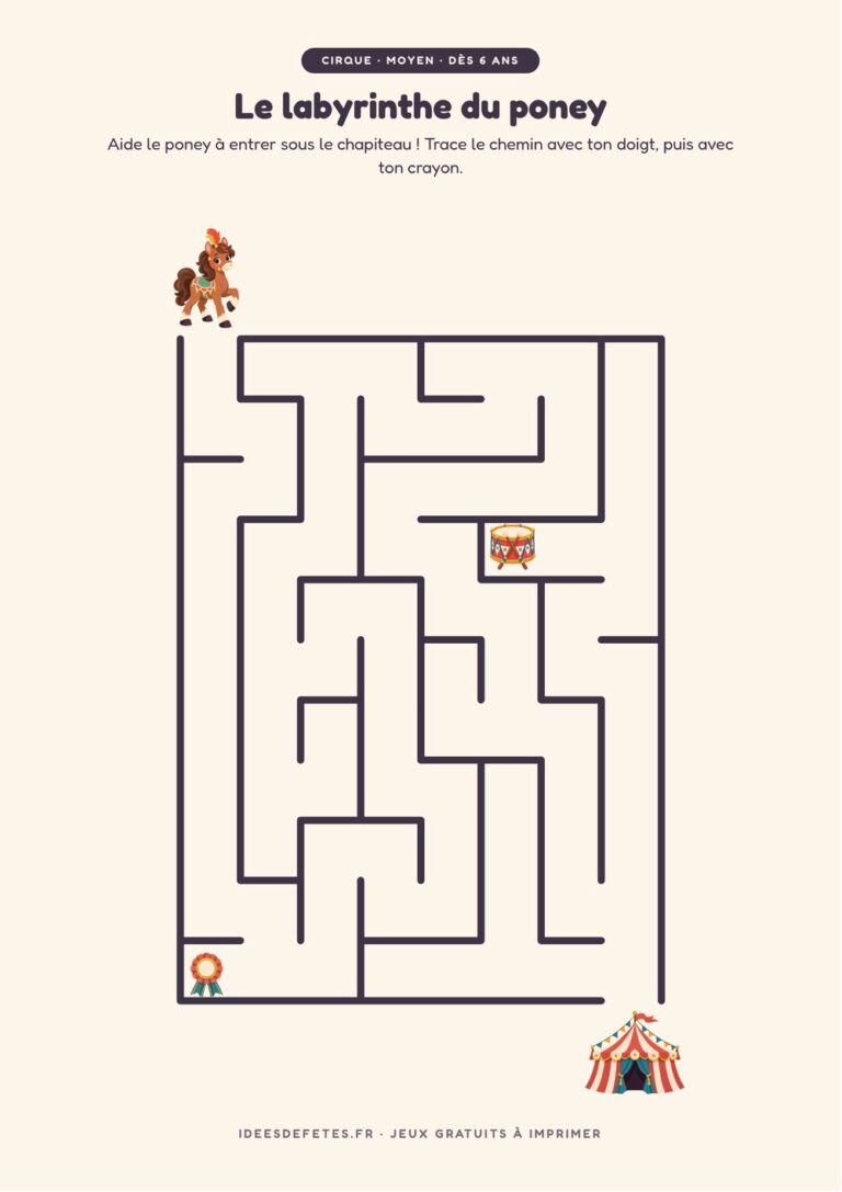 Labyrinthe cirque à imprimer, niveau moyen dès 6 ans : le poney et le chapiteau