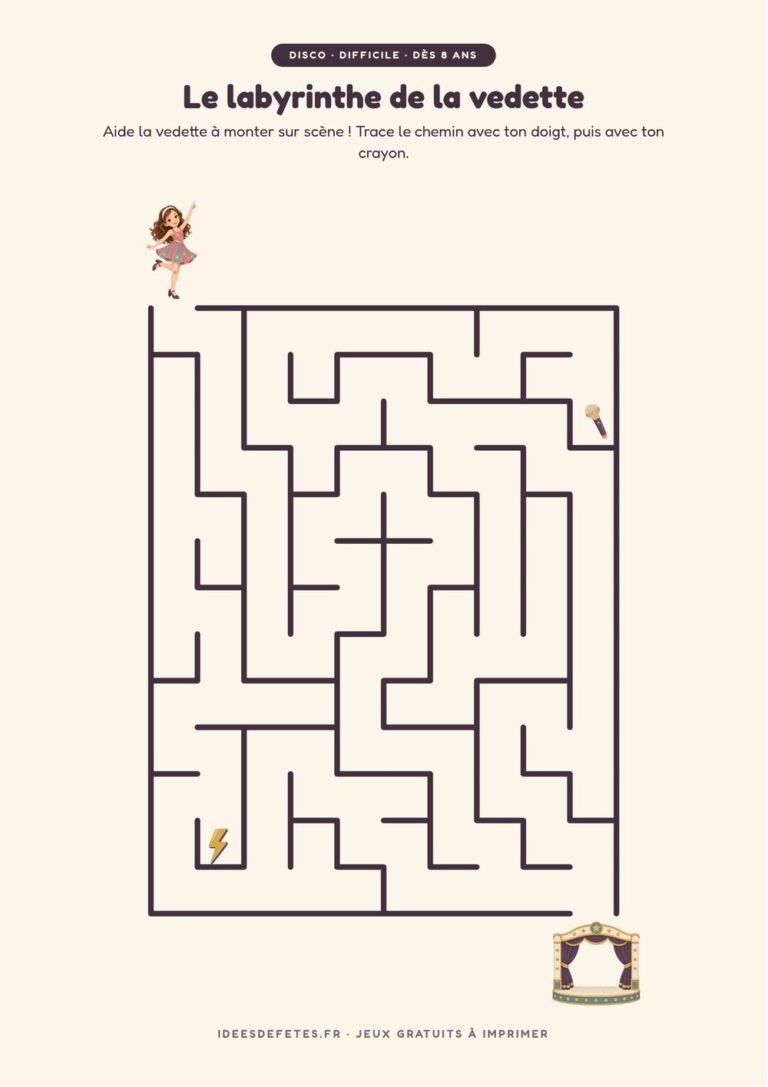Labyrinthe disco à imprimer, niveau difficile dès 8 ans : la vedette et la scène
