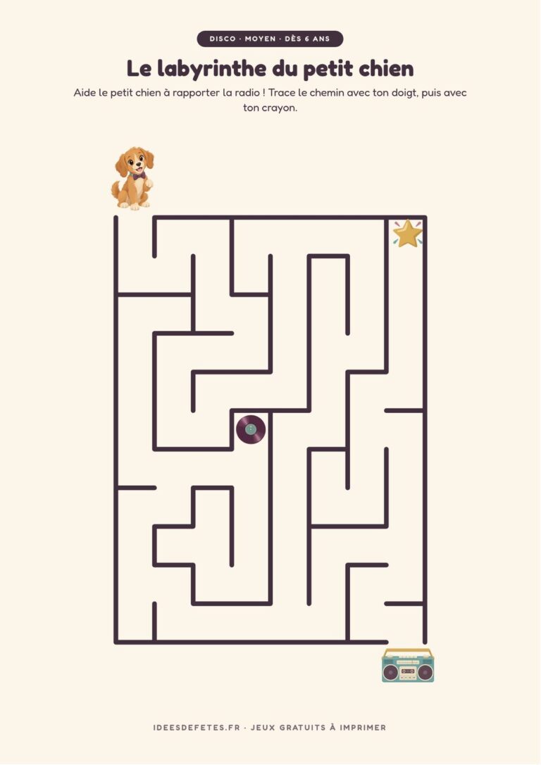 Labyrinthe disco à imprimer, niveau moyen dès 6 ans : le petit chien et la radio