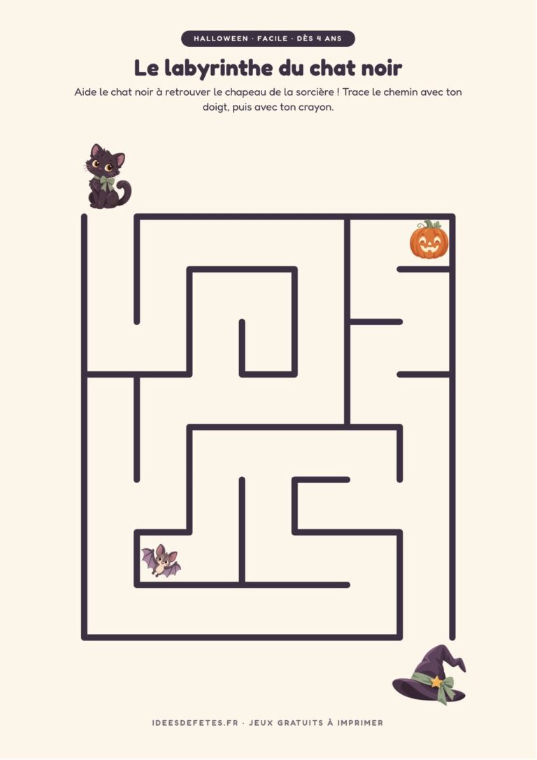 Labyrinthe Halloween à imprimer, niveau facile dès 4 ans : le chat noir et le chapeau de sorcière
