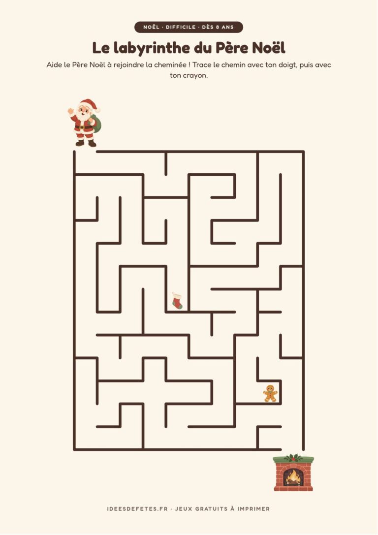 Labyrinthe de Noël à imprimer, niveau difficile dès 8 ans : le Père Noël et la cheminée