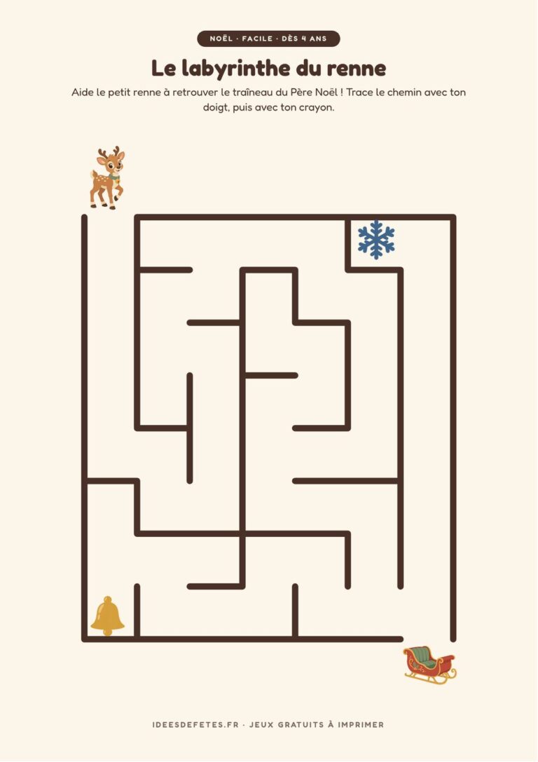 Labyrinthe de Noël à imprimer, niveau facile dès 4 ans : le petit renne et le traîneau du Père Noël