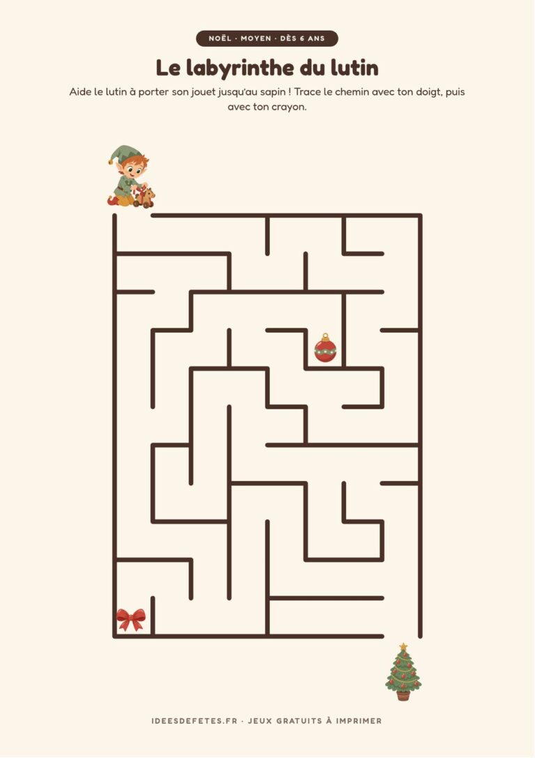 Labyrinthe de Noël à imprimer, niveau moyen dès 6 ans : le lutin et son jouet en route vers le sapin