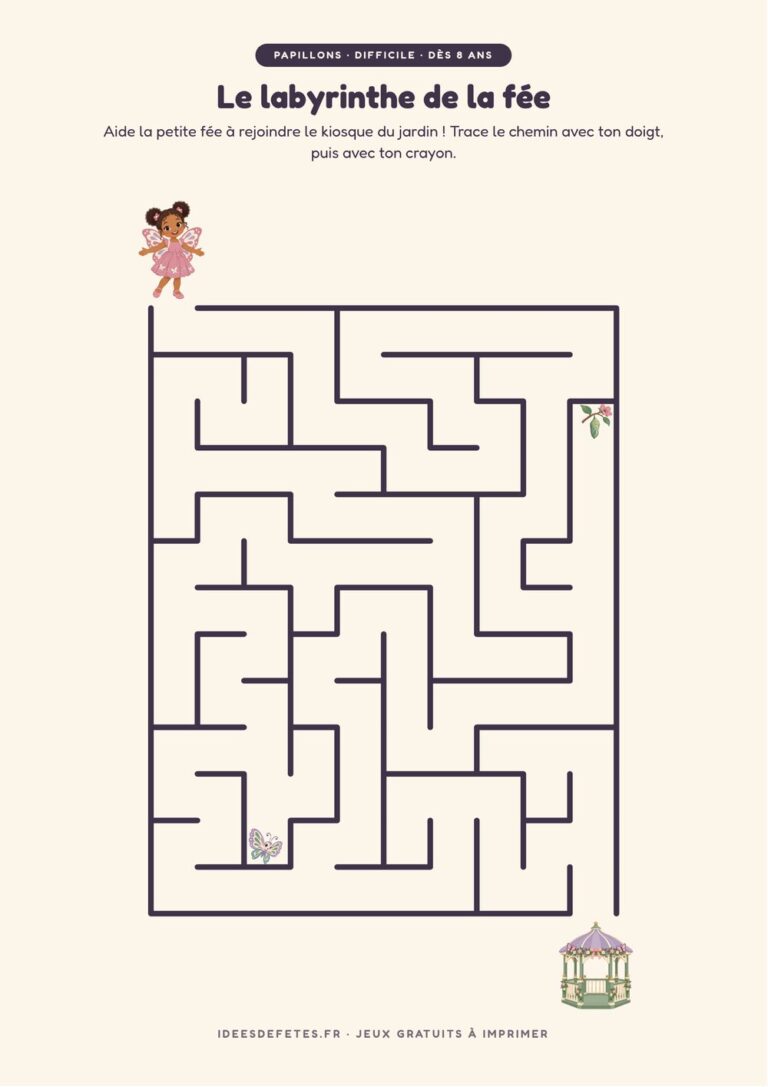 Labyrinthe papillon à imprimer, niveau difficile dès 8 ans : la petite fée et le kiosque du jardin