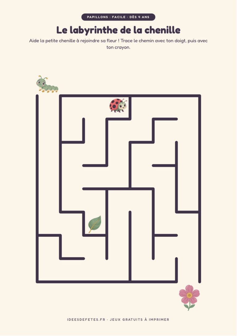 Labyrinthe papillon à imprimer, niveau facile dès 4 ans : la petite chenille et sa fleur