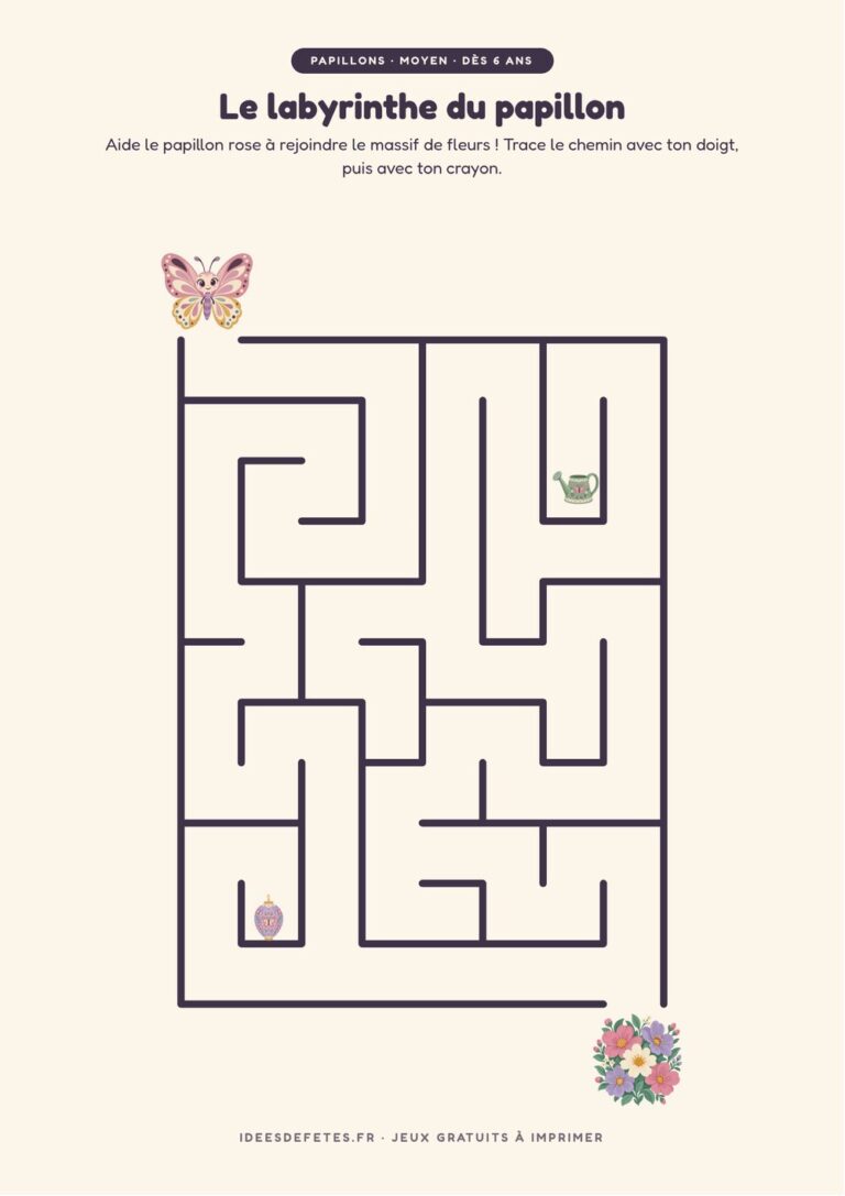 Labyrinthe papillon à imprimer, niveau moyen dès 6 ans : le papillon rose et le massif de fleurs