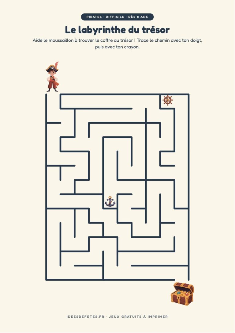 Labyrinthe pirate à imprimer, niveau difficile dès 8 ans : le moussaillon et le coffre au trésor