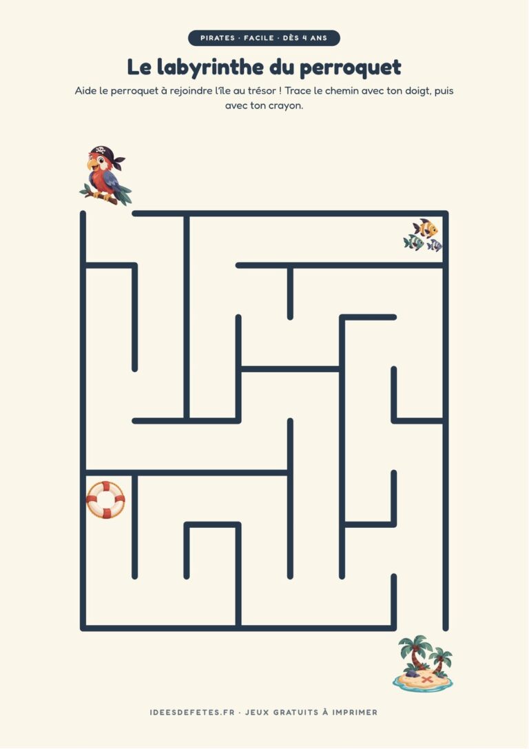 Labyrinthe pirate à imprimer, niveau facile dès 4 ans : le perroquet et l’île au trésor
