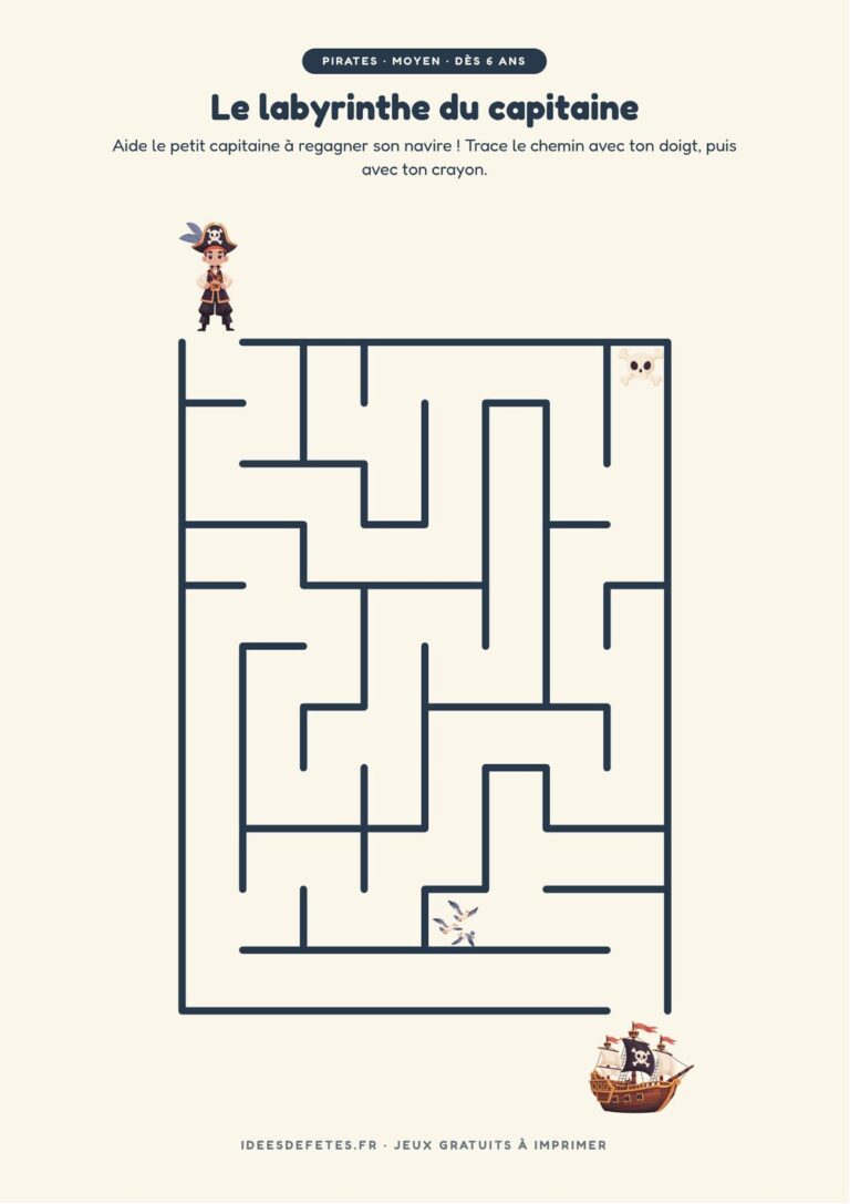 Labyrinthe pirate à imprimer, niveau moyen dès 6 ans : le petit capitaine et son navire