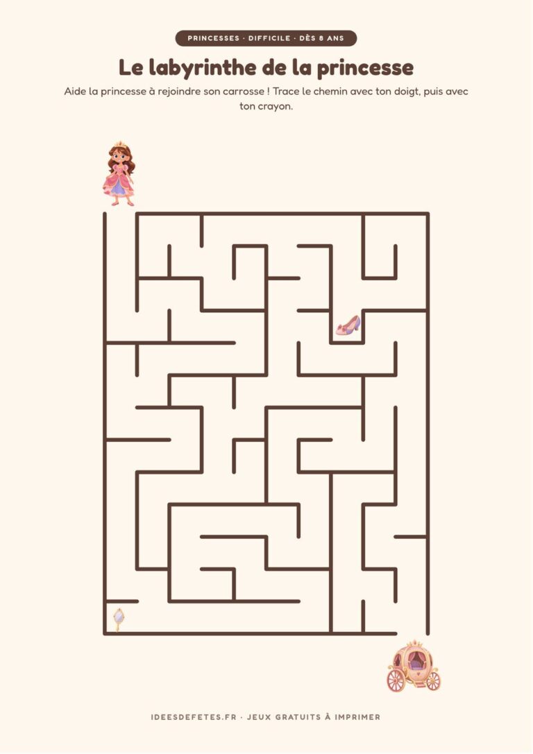 Labyrinthe princesse à imprimer, niveau difficile dès 8 ans : la princesse et son carrosse