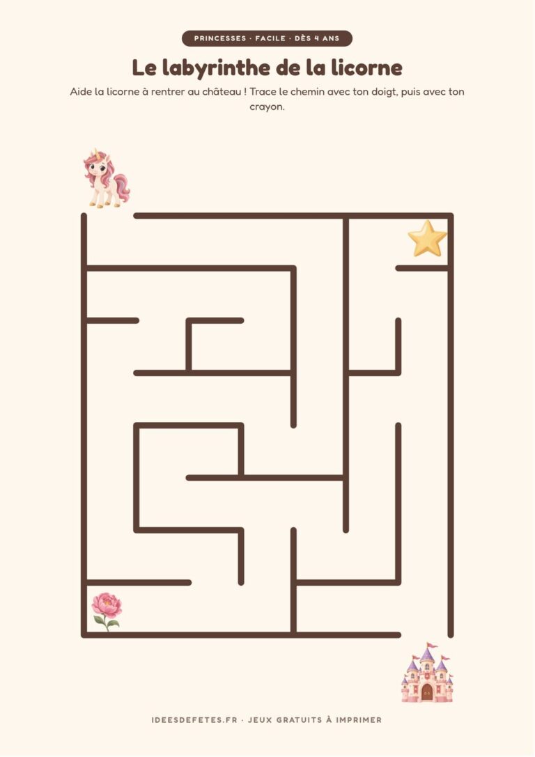 Labyrinthe princesse à imprimer, niveau facile dès 4 ans : la licorne et le château