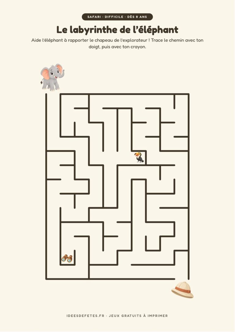 Labyrinthe safari à imprimer, niveau difficile dès 8 ans : l’éléphant et le chapeau de l’explorateur