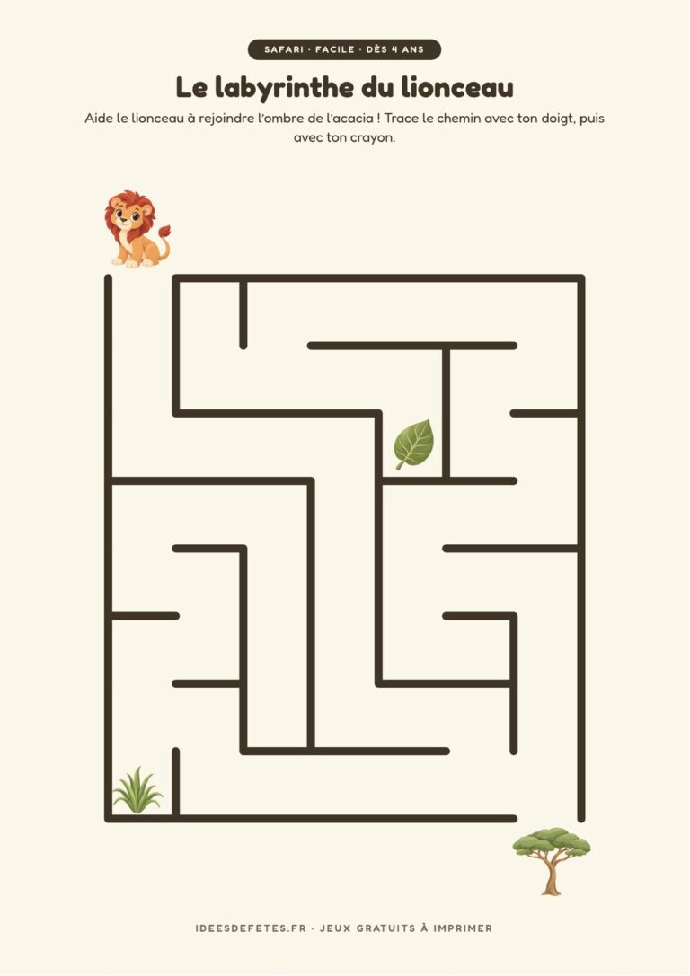 Labyrinthe safari à imprimer, niveau facile dès 4 ans : le lionceau et l’acacia