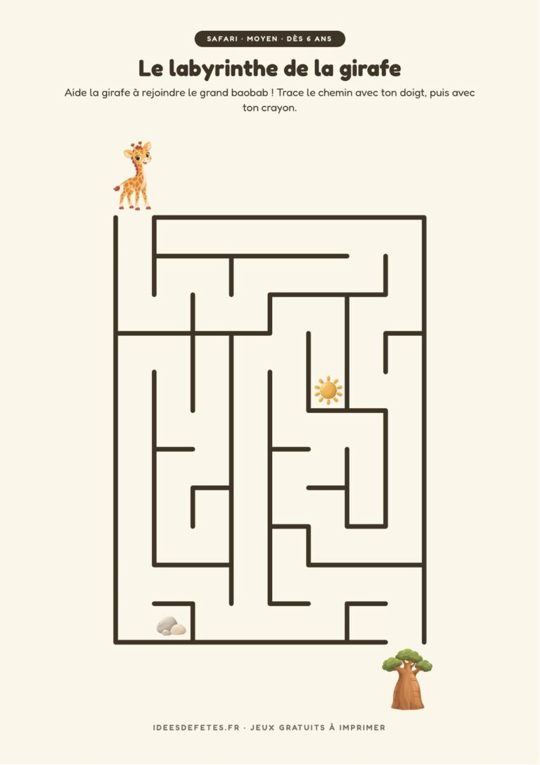 Labyrinthe safari à imprimer, niveau moyen dès 6 ans : la girafe et le grand baobab