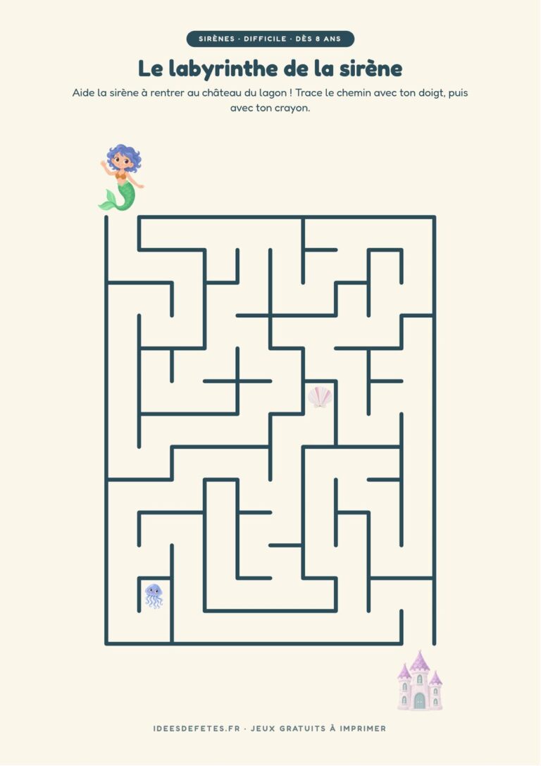 Labyrinthe sirène à imprimer, niveau difficile dès 8 ans : la sirène et le château du lagon