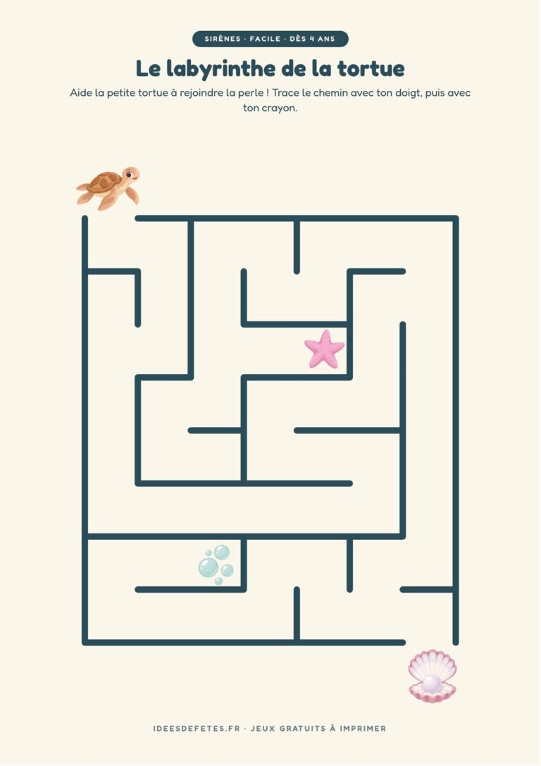 Labyrinthe sirène à imprimer, niveau facile dès 4 ans : la petite tortue et la perle