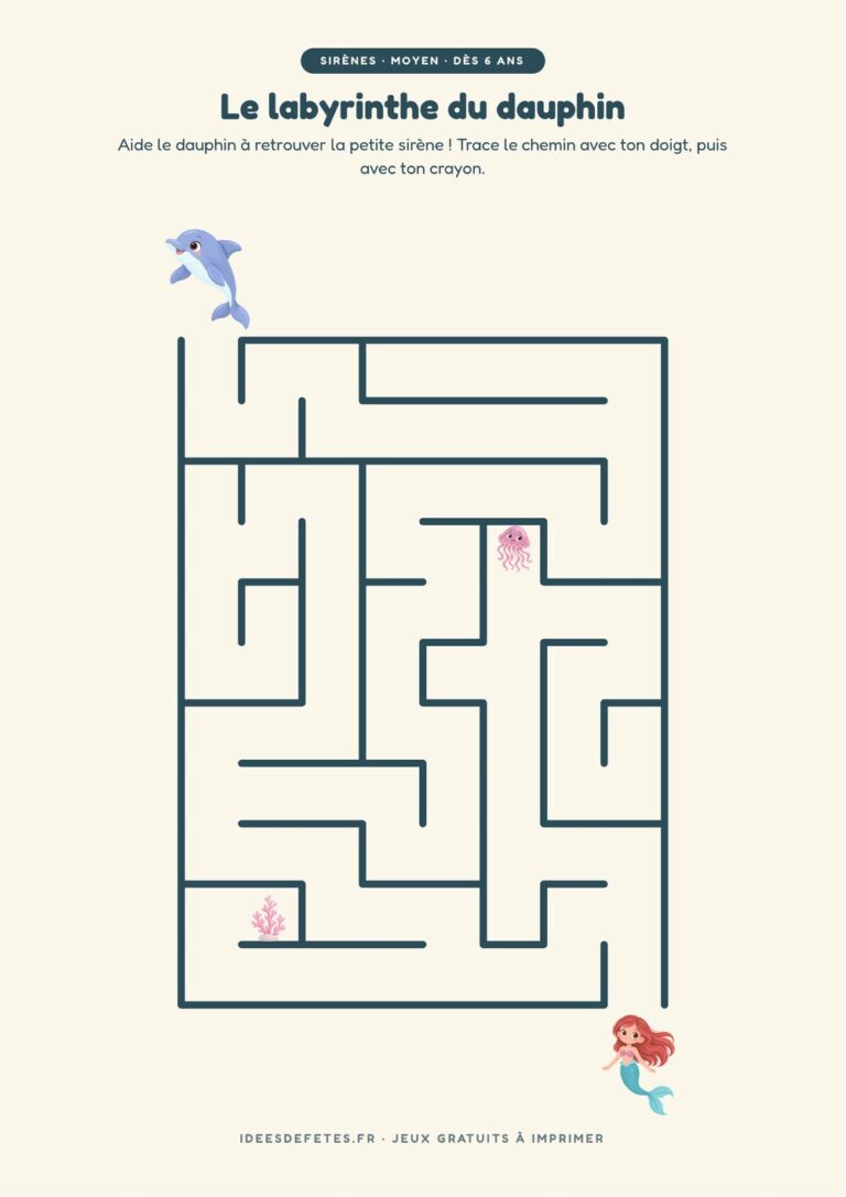 Labyrinthe sirène à imprimer, niveau moyen dès 6 ans : le dauphin et la petite sirène