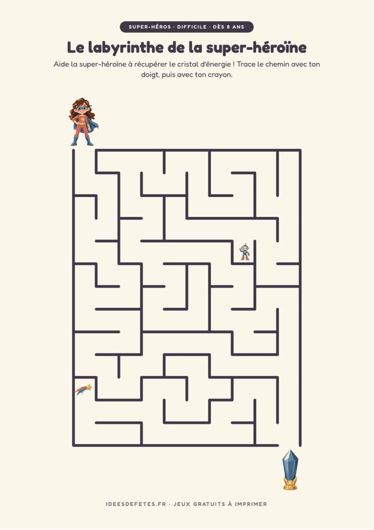 Labyrinthe super-héros à imprimer, niveau difficile dès 8 ans : la super-héroïne et le cristal d’énergie