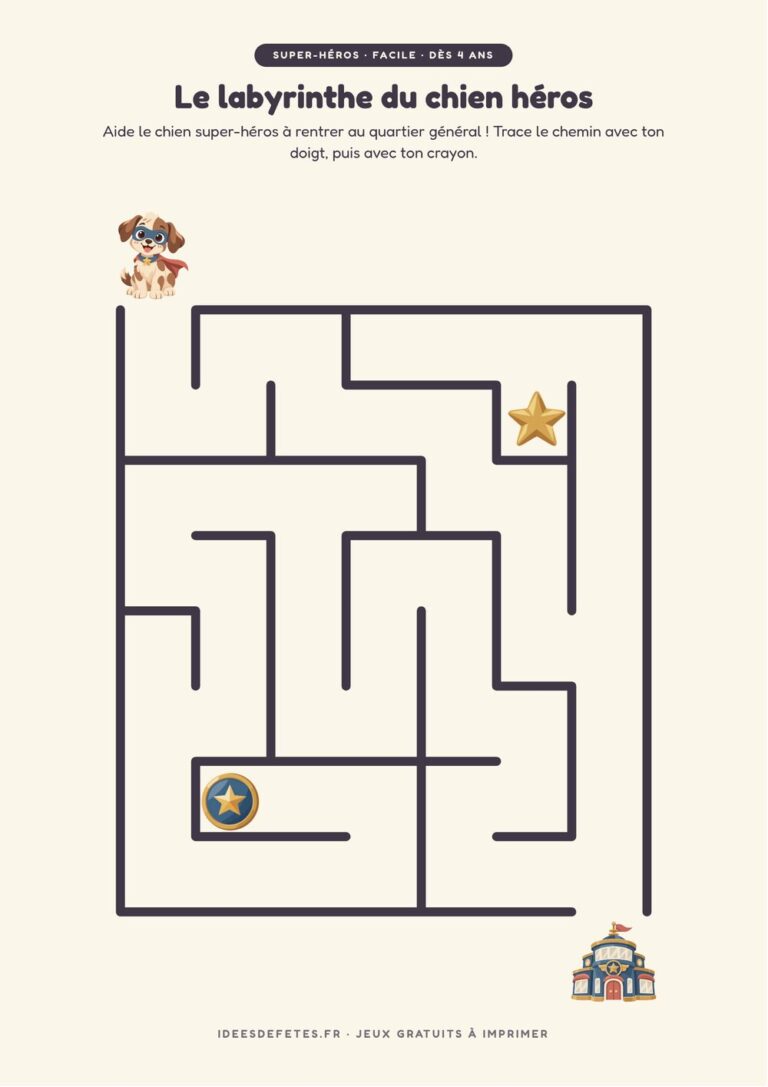 Labyrinthe super-héros à imprimer, niveau facile dès 4 ans : le chien super-héros et le quartier général