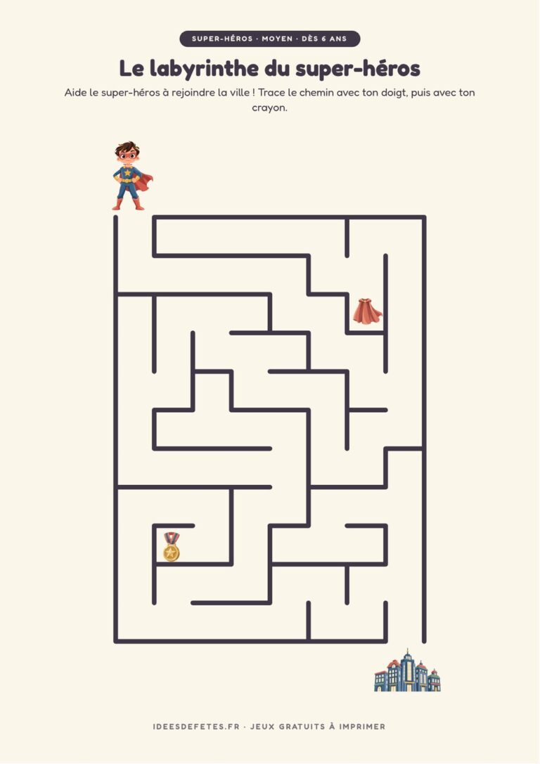 Labyrinthe super-héros à imprimer, niveau moyen dès 6 ans : le super-héros et la ville