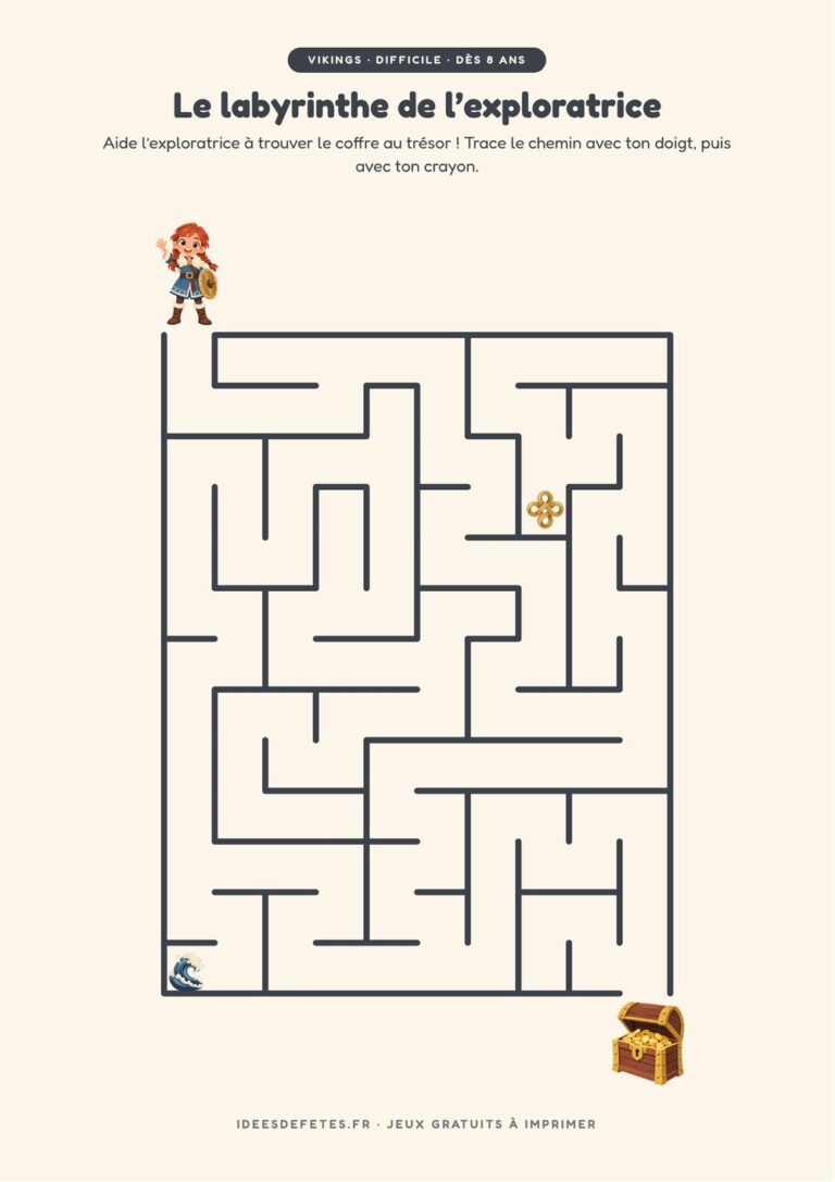 Labyrinthe viking à imprimer, niveau difficile dès 8 ans : l’exploratrice et le coffre au trésor