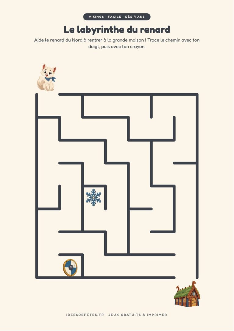 Labyrinthe viking à imprimer, niveau facile dès 4 ans : le renard du Nord et la grande maison