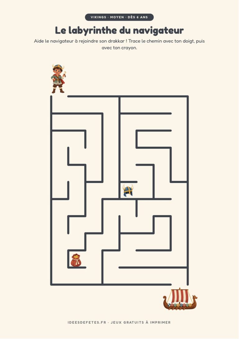 Labyrinthe viking à imprimer, niveau moyen dès 6 ans : le navigateur et son drakkar