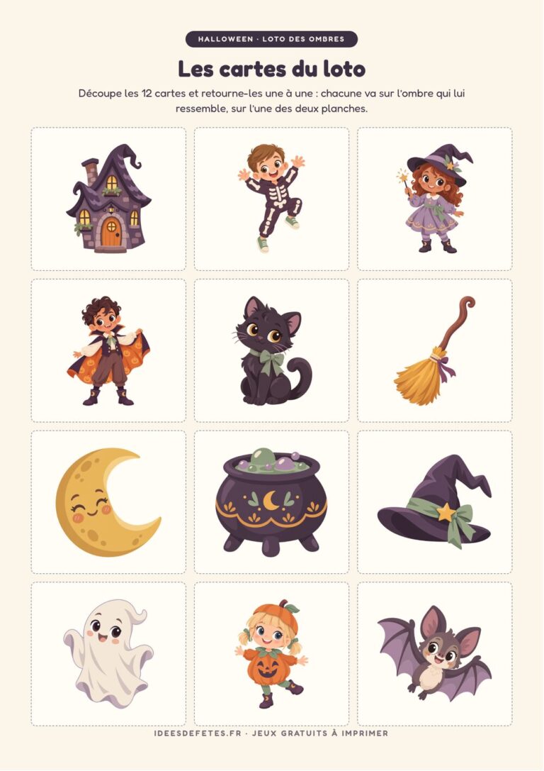 Loto des ombres Halloween à imprimer : les 12 cartes en couleurs à poser sur les ombres