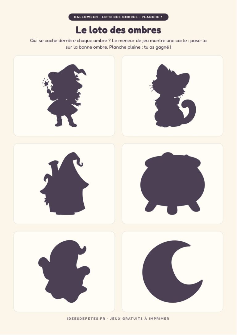 Loto des ombres Halloween à imprimer : planche de six ombres, dont la sorcière, le chat noir et la maison hantée