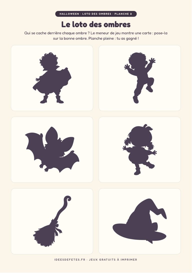 Loto des ombres Halloween à imprimer : seconde planche de six ombres, dont le vampire, le squelette et la chauve-souris