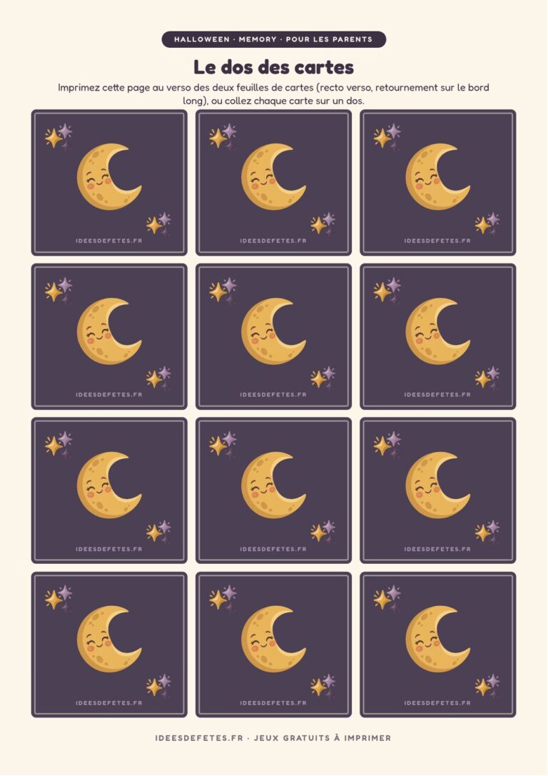 Memory Halloween à imprimer : le dos des cartes, une lune souriante sur fond prune