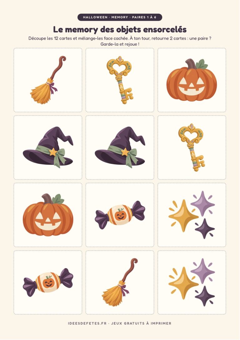 Memory Halloween à imprimer : 12 cartes à découper avec le balai, le chapeau de sorcière, la clé et la citrouille