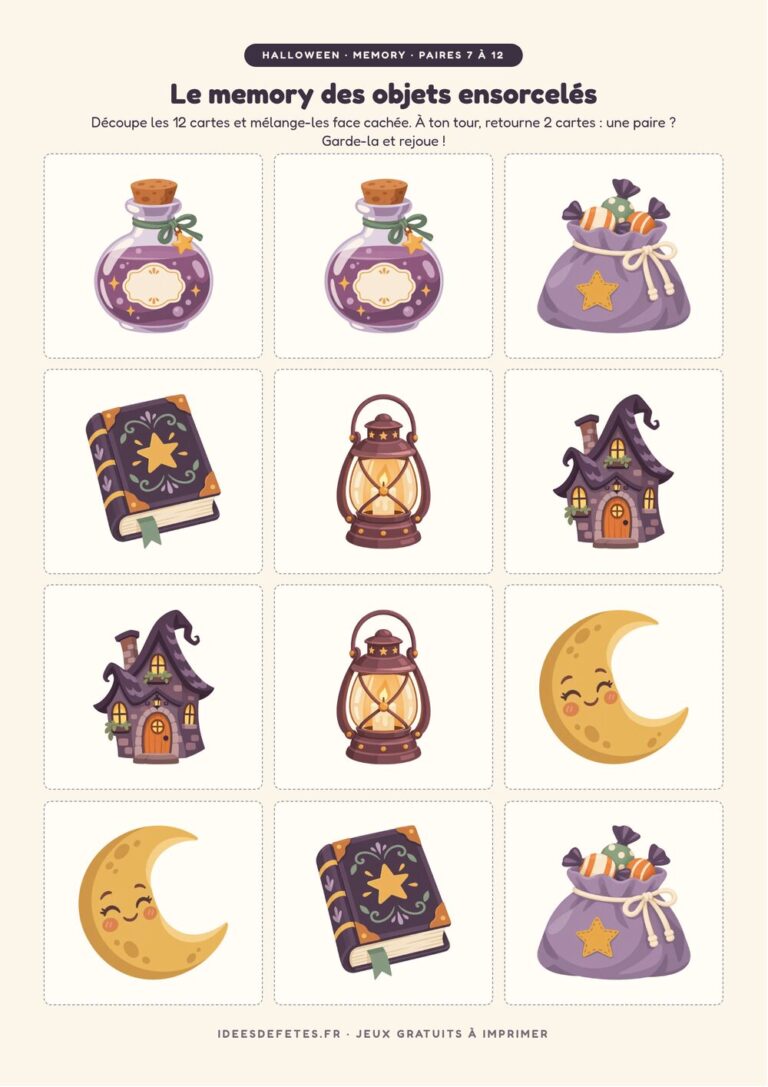 Memory Halloween à imprimer : 12 cartes à découper avec le grimoire, la lanterne, la potion et la maison hantée
