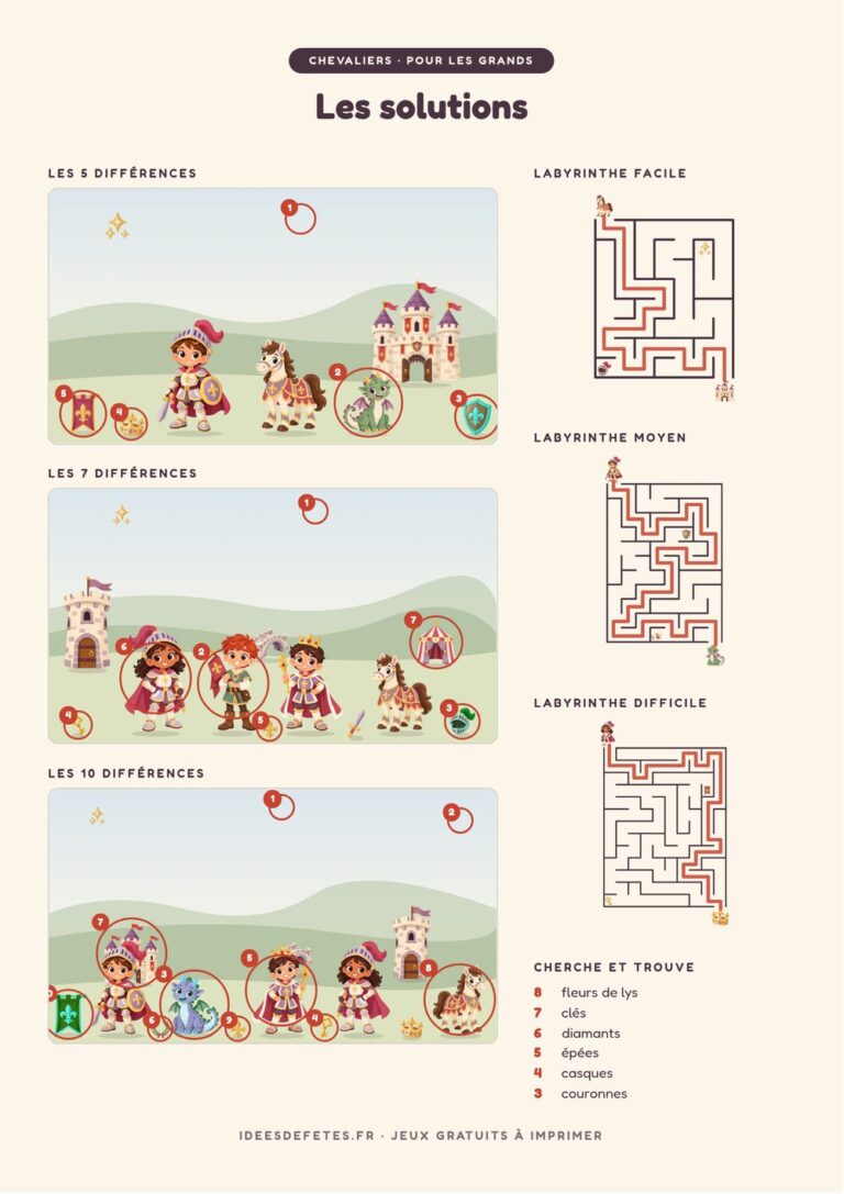 Solutions des jeux de chevaliers à imprimer : différences entourées et chemins des labyrinthes tracés