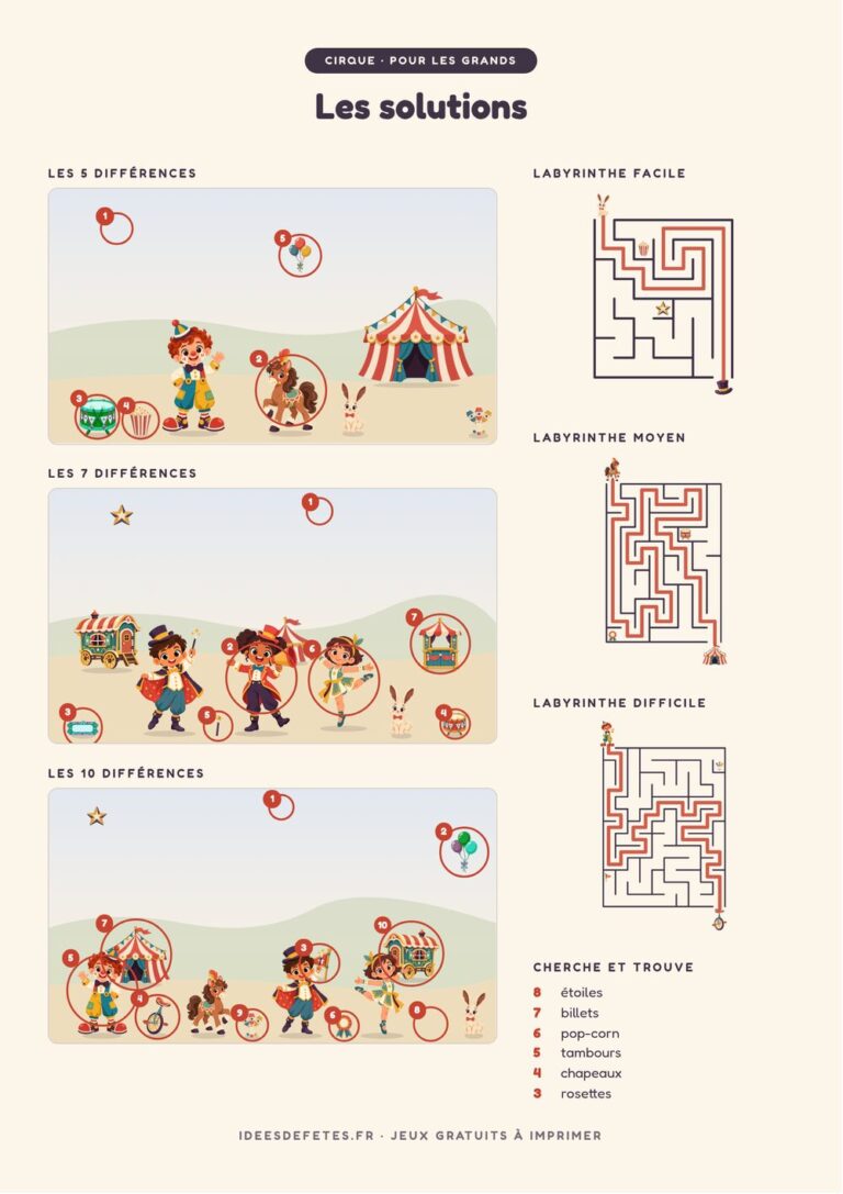 Solutions des jeux de cirque à imprimer : différences entourées et chemins des labyrinthes tracés