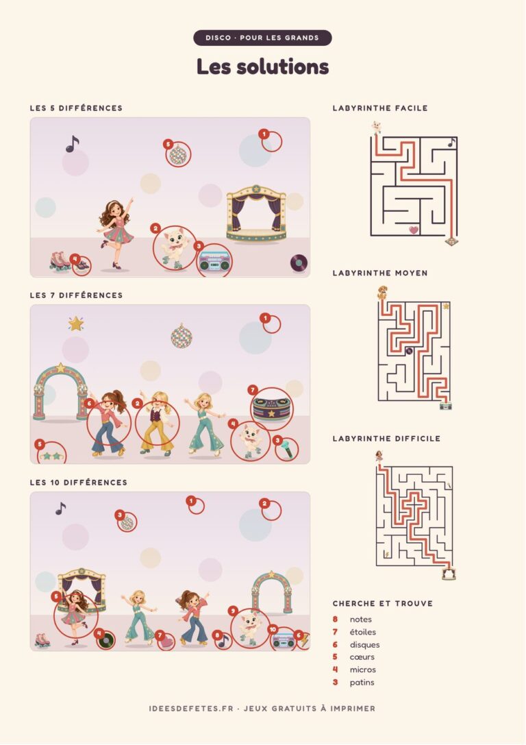 Solutions des jeux disco à imprimer : différences entourées et chemins des labyrinthes tracés