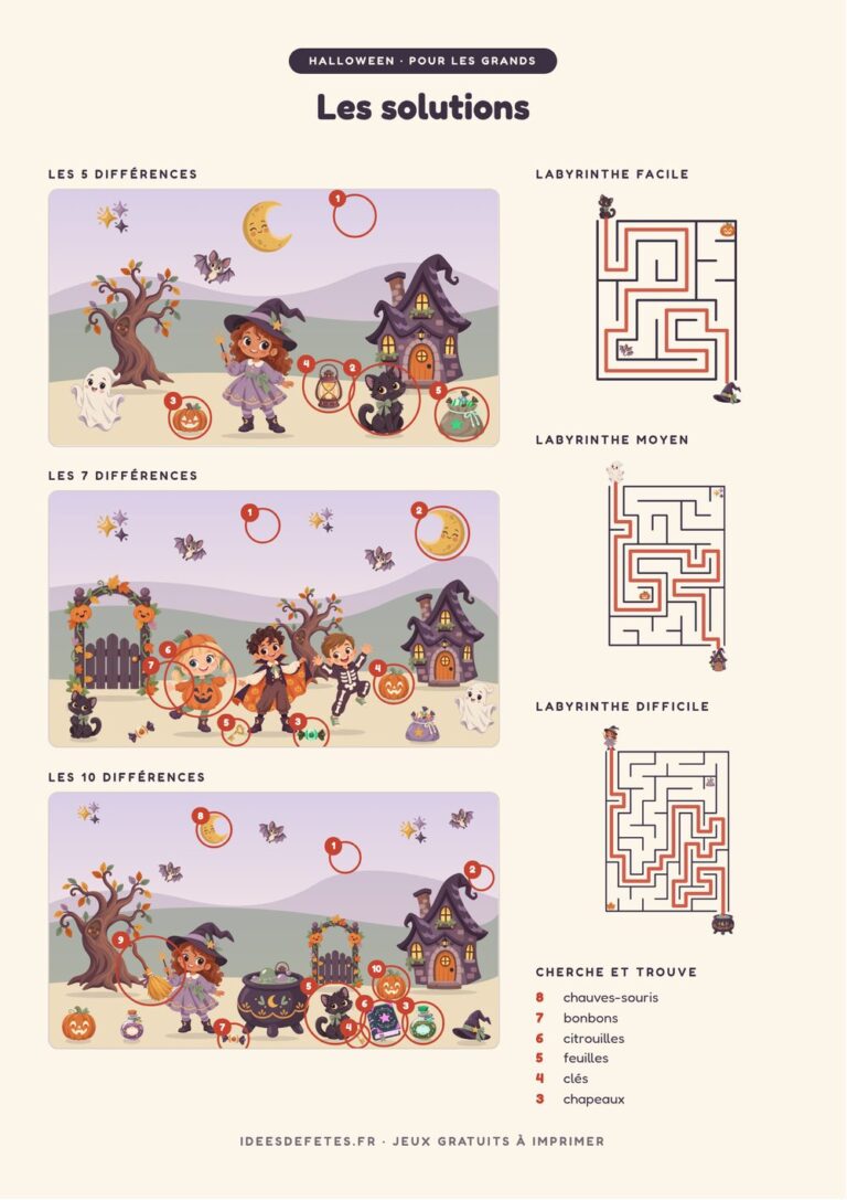 Solutions des jeux d’Halloween à imprimer : différences entourées et chemins des labyrinthes tracés