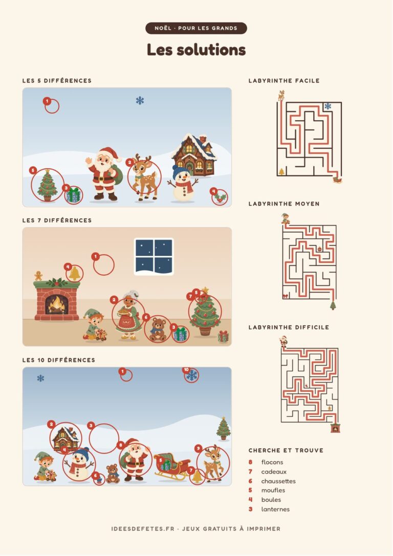 Solutions des jeux de Noël à imprimer : différences entourées, chemins des labyrinthes et nombres du cherche et trouve