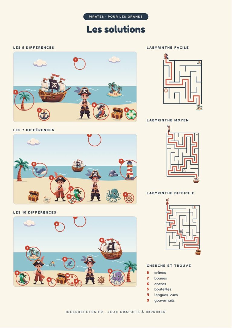 Solutions des jeux pirates à imprimer : différences entourées et chemins des labyrinthes tracés