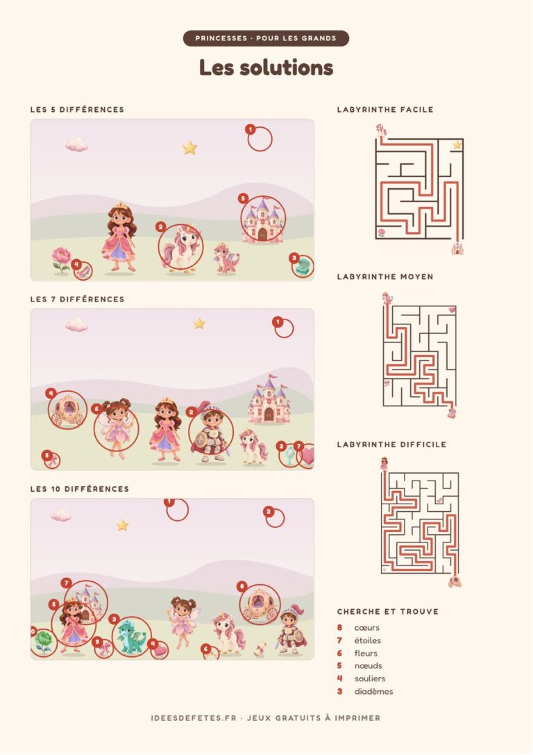 Solutions des jeux de princesses à imprimer : différences entourées et chemins des labyrinthes tracés