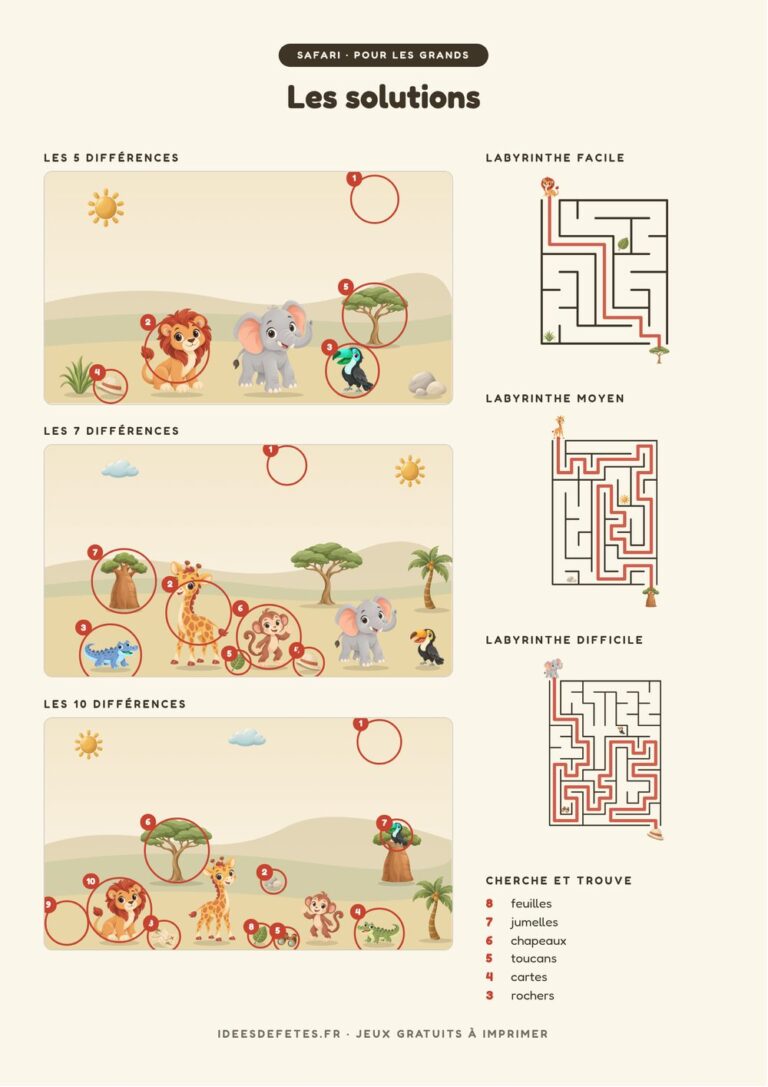 Solutions des jeux de safari à imprimer : différences entourées et chemins des labyrinthes tracés