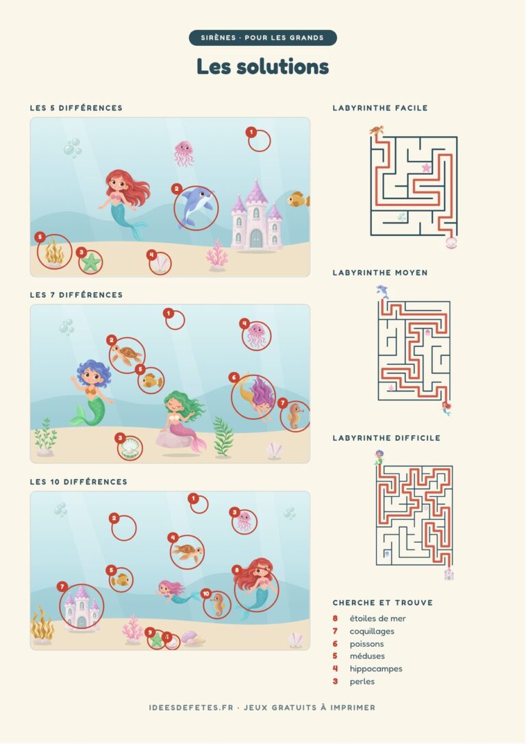 Solutions des jeux de sirènes à imprimer : différences entourées et chemins des labyrinthes tracés