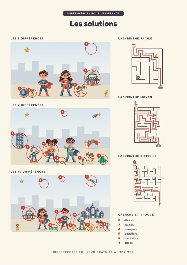 Solutions des jeux de super-héros à imprimer : différences entourées et chemins des labyrinthes tracés