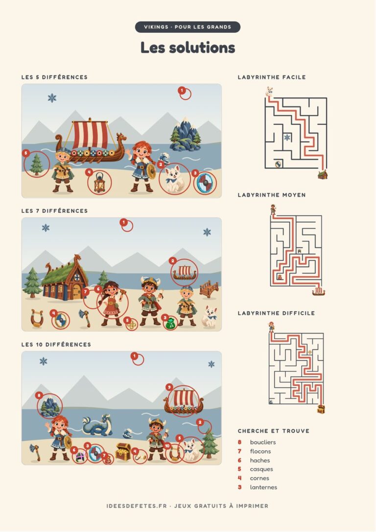 Solutions des jeux vikings à imprimer : différences entourées et chemins des labyrinthes tracés