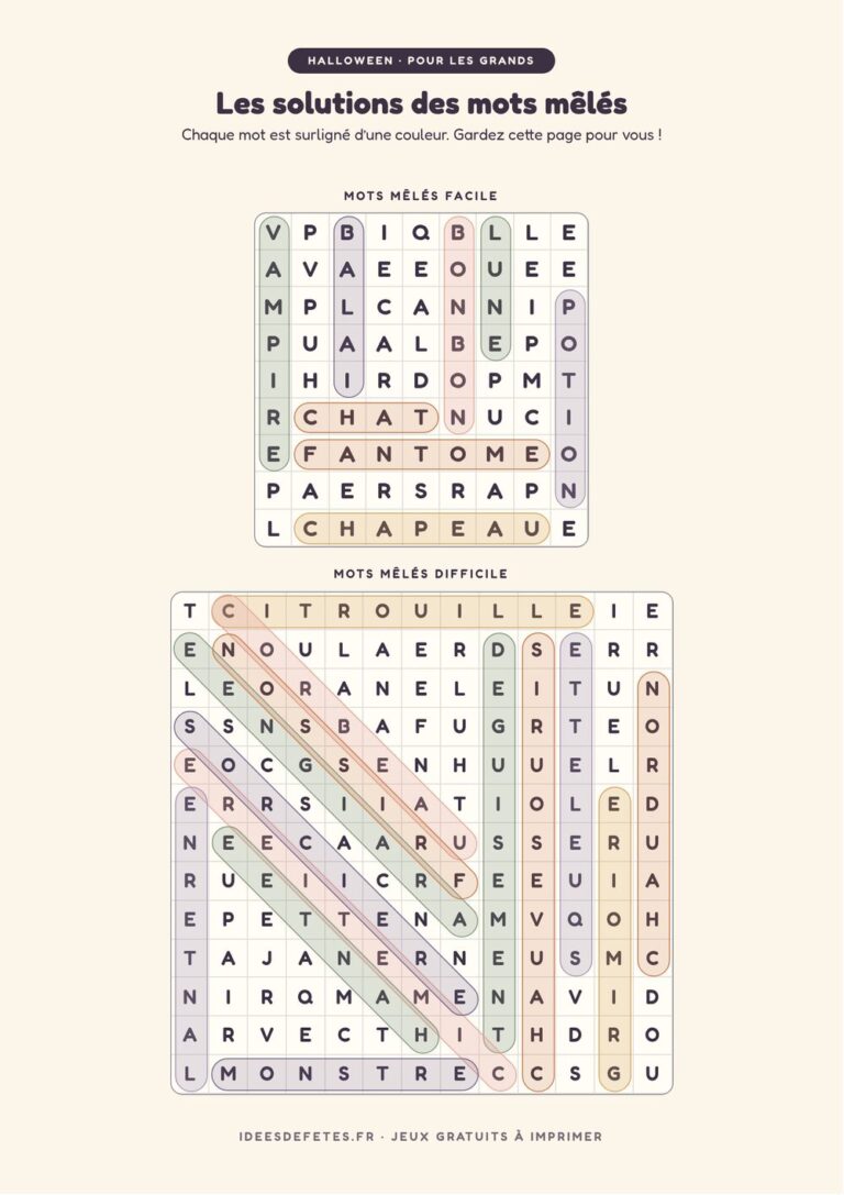 Solutions des mots mêlés d’Halloween à imprimer : les mots surlignés dans les deux grilles