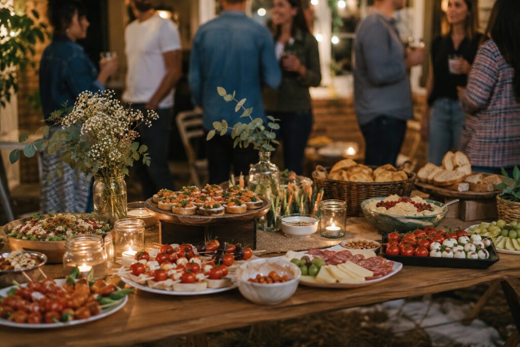 Buffet de crémaillère à partager : bruschettas, charcuterie, fromages et bouquets sur une table en bois éclairée