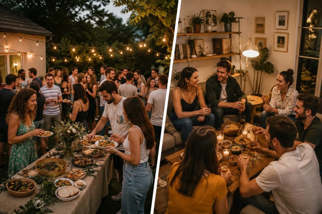 Deux formats de crémaillère : grand buffet guirlandé dans le jardin et apéritif entre amis dans le salon